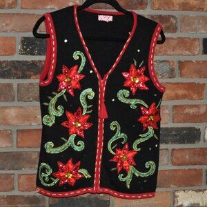 Vintage Black Knit Sweater Vest Festive Poinsettia Embroidery Sequin & Beading S